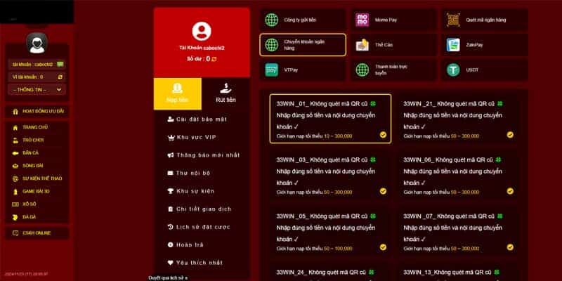 Hướng dẫn nạp tiền 33Win2 bằng tài khoản ngân hàng cực nhanh